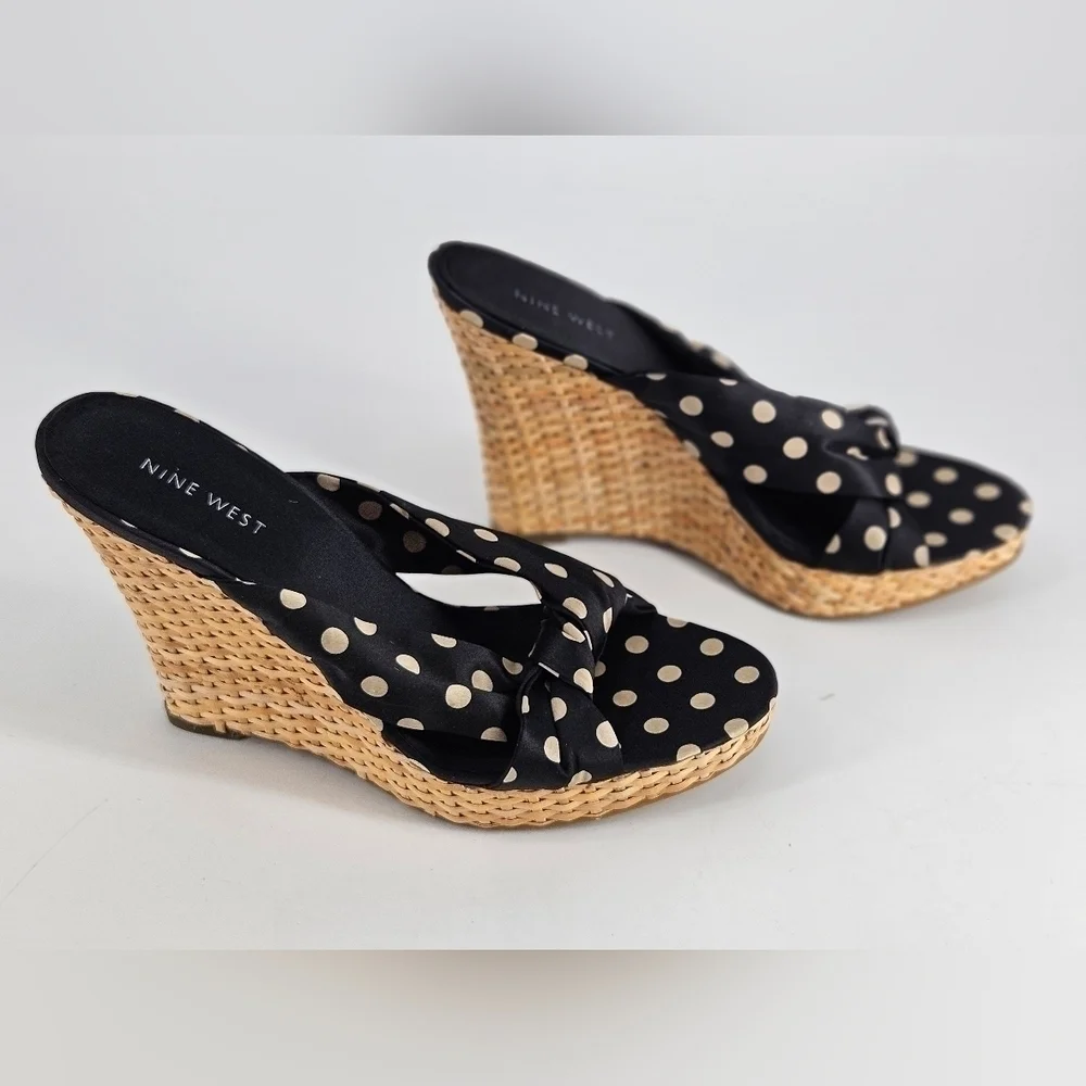 NEW Nine West Women's HARPEL Black & Tan DOTS Platform Wedge Sandal Size 7.5 M